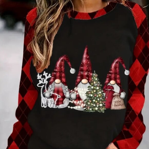 Festive Gnome Long Sleeve Tee - Black and Red - Picture 1 of 2